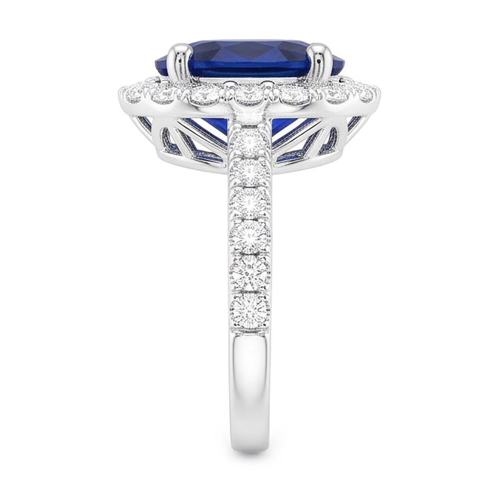 Natural Real ( Not Lab Grown )  Oval Deep Blue Sapphire Halo Wedding Ring 6 Carats White Gold