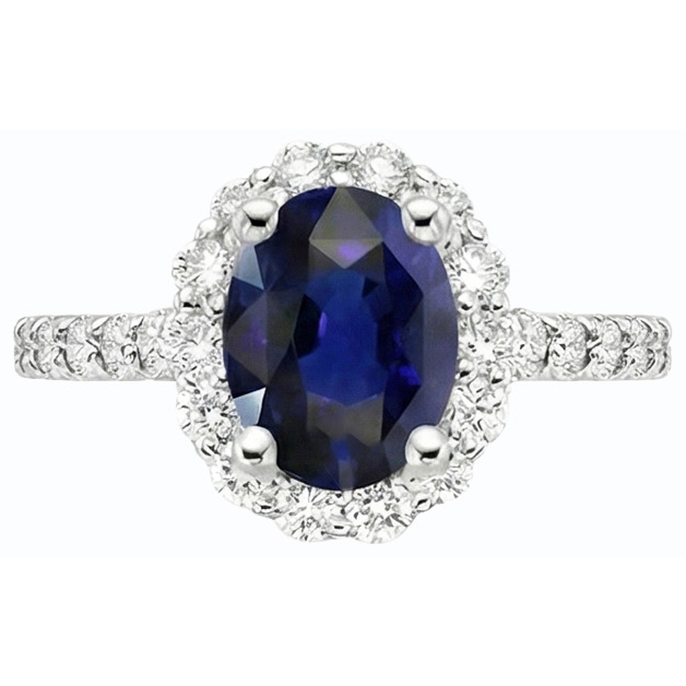Natural Real ( Not Lab Grown )  Oval Deep Blue Sapphire Halo Wedding Ring 6 Carats White Gold