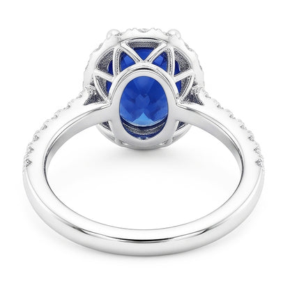 Natural Real ( Not Lab Grown )  Oval Deep Blue Sapphire Halo Wedding Ring 6 Carats White Gold