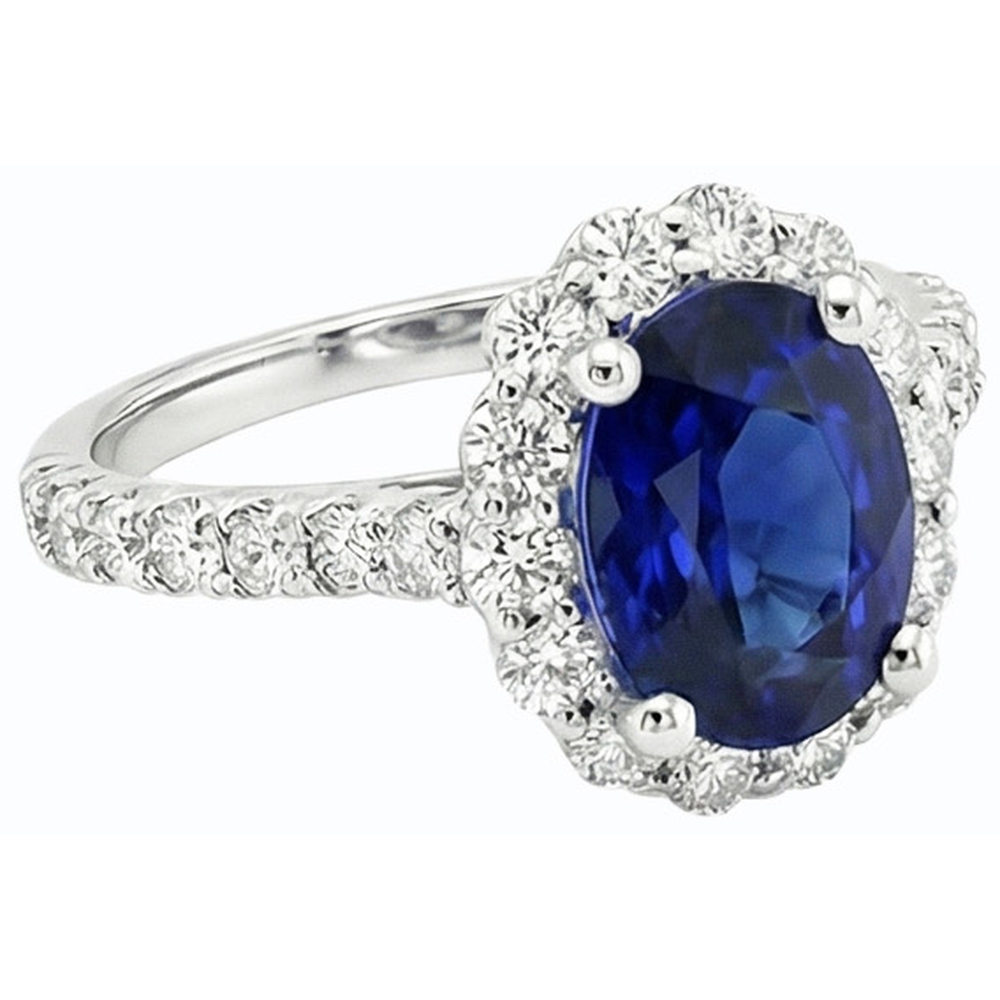 Natural Real ( Not Lab Grown )  Oval Deep Blue Sapphire Halo Wedding Ring 6 Carats White Gold