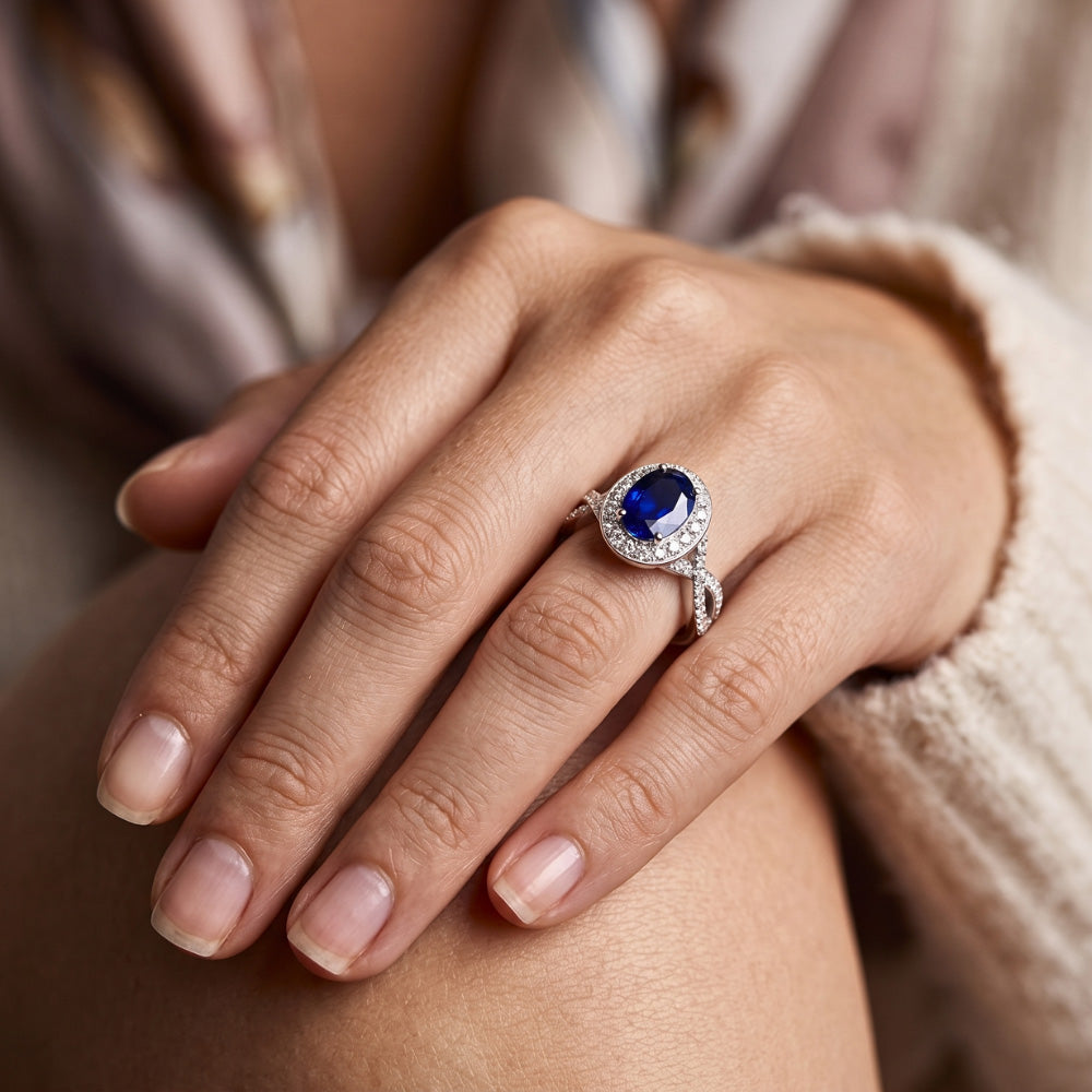 Natural Real ( Not Lab Grown )  Oval Safir Sri Lanka Halo Ring