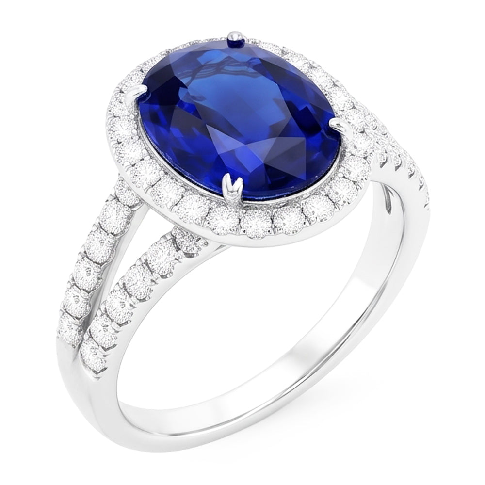 Natural Real ( Not Lab Grown )  Oval Sapphire Halo Wedding Ring Set Pave Split Shank 5 Carats Gold