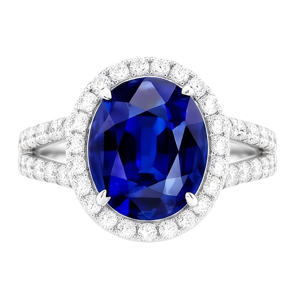 Natural Real ( Not Lab Grown )  Oval Sapphire Halo Wedding Ring Set Pave Split Shank 5 Carats Gold