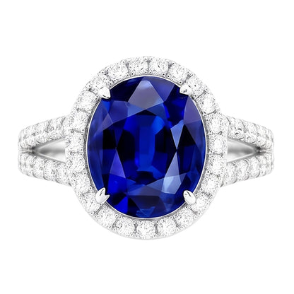 Natural Real ( Not Lab Grown )  Oval Sapphire Halo Wedding Ring Set Pave Split Shank 5 Carats Gold