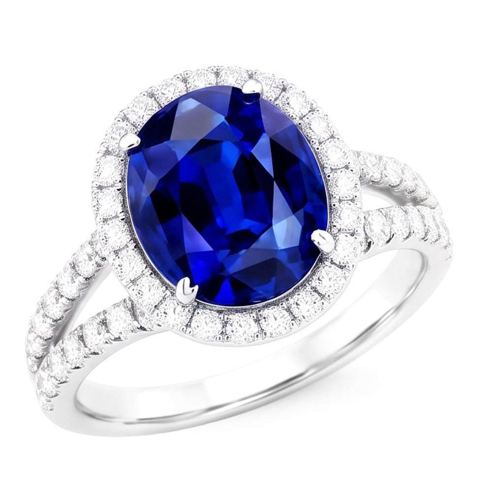 Natural Real ( Not Lab Grown )  Oval Sapphire Halo Wedding Ring Set Pave Split Shank 5 Carats Gold