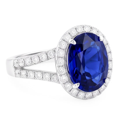 Natural Real ( Not Lab Grown )  Oval Sapphire Halo Wedding Ring Set Pave Split Shank 5 Carats Gold