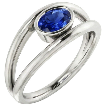 Natural Real ( Not Lab Grown )  Oval Solitaire 2 Carat Ring Bezel Set Blue Ceylon Sapphire Gold 14K