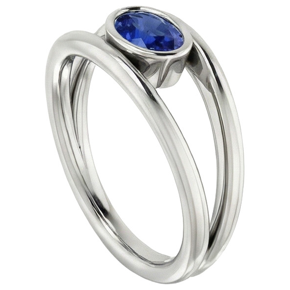 Natural Real ( Not Lab Grown )  Oval Solitaire 2 Carat Ring Bezel Set Blue Ceylon Sapphire Gold 14K