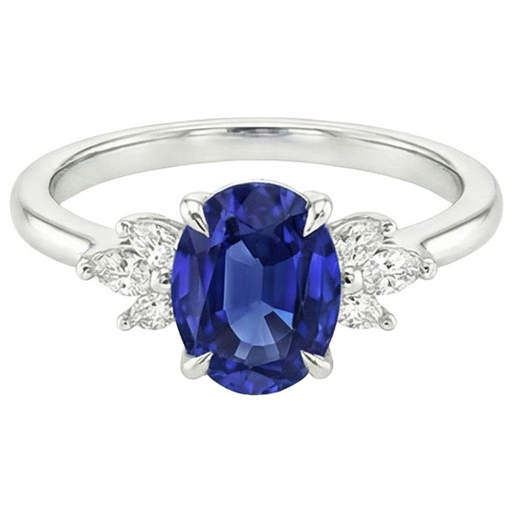 Natural Real ( Not Lab Grown )  Oval Solitaire Blue Sapphire Ring With Pear Side Stones 4.50 Carats