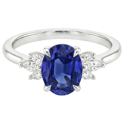 Natural Real ( Not Lab Grown )  Oval Solitaire Blue Sapphire Ring With Pear Side Stones 4.50 Carats