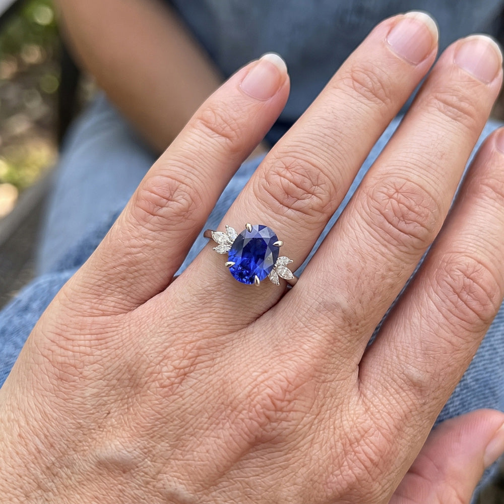Natural Real ( Not Lab Grown )  Oval Solitaire Blue Sapphire Ring With Pear Side Stones 4.50 Carats