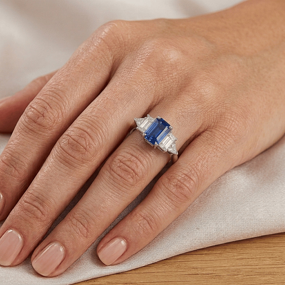 Natural Real ( Not Lab Grown )  Peacock Blue Emerald Cut Sapphire Ring