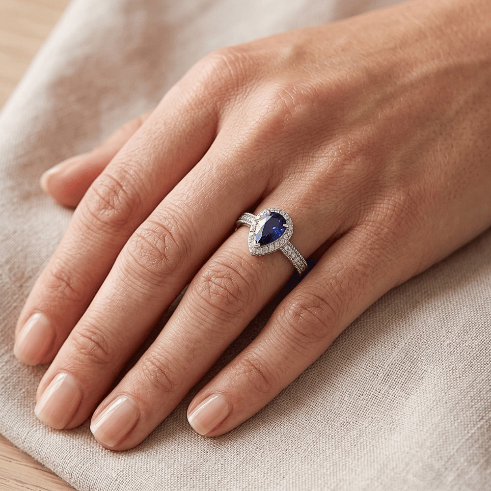 Natural Real ( Not Lab Grown )  Pear Blue Sapphire Ring 2.50 Carats Sparkling Halo Diamonds