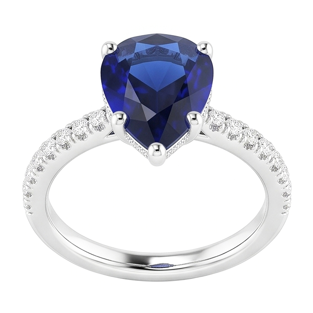 Natural Real ( Not Lab Grown )  Pear Blue Sapphire Ring With Accents 3 Carats