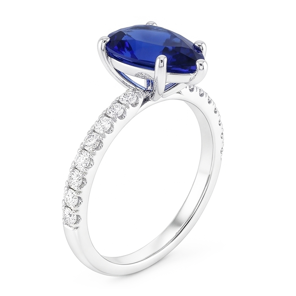 Natural Real ( Not Lab Grown )  Pear Blue Sapphire Ring With Accents 3 Carats