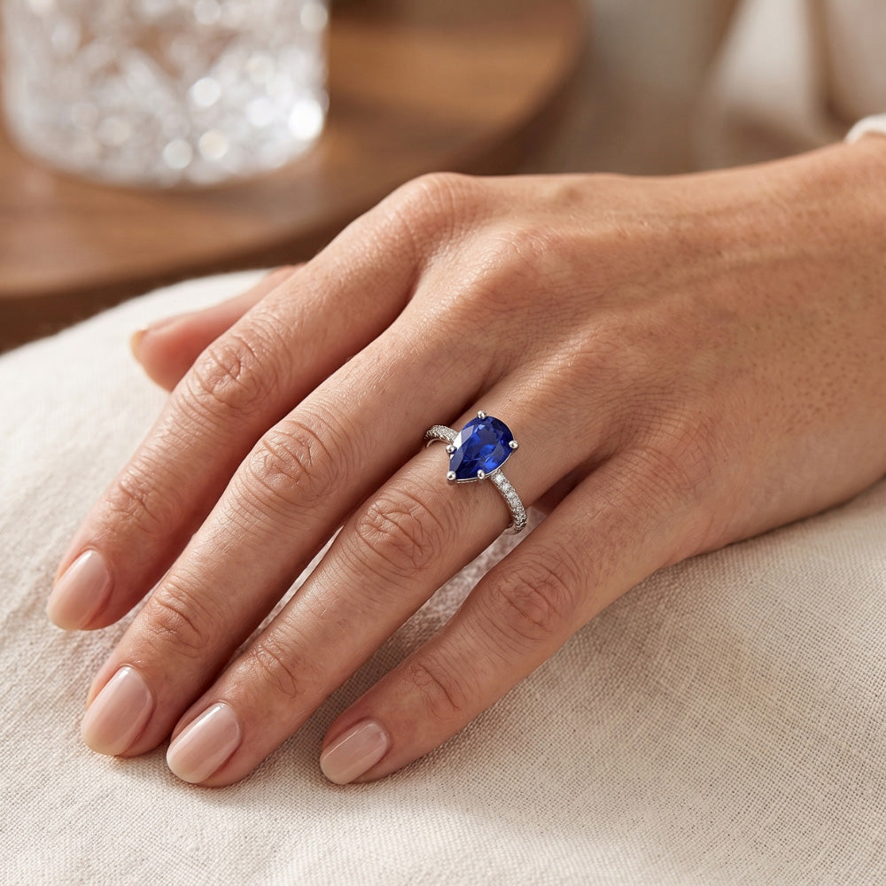 Natural Real ( Not Lab Grown )  Pear Blue Sapphire Ring With Accents 3 Carats