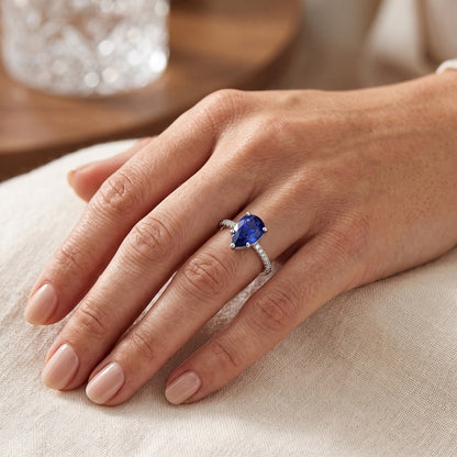 Natural Real ( Not Lab Grown )  Pear Blue Sapphire Ring With Accents 3 Carats
