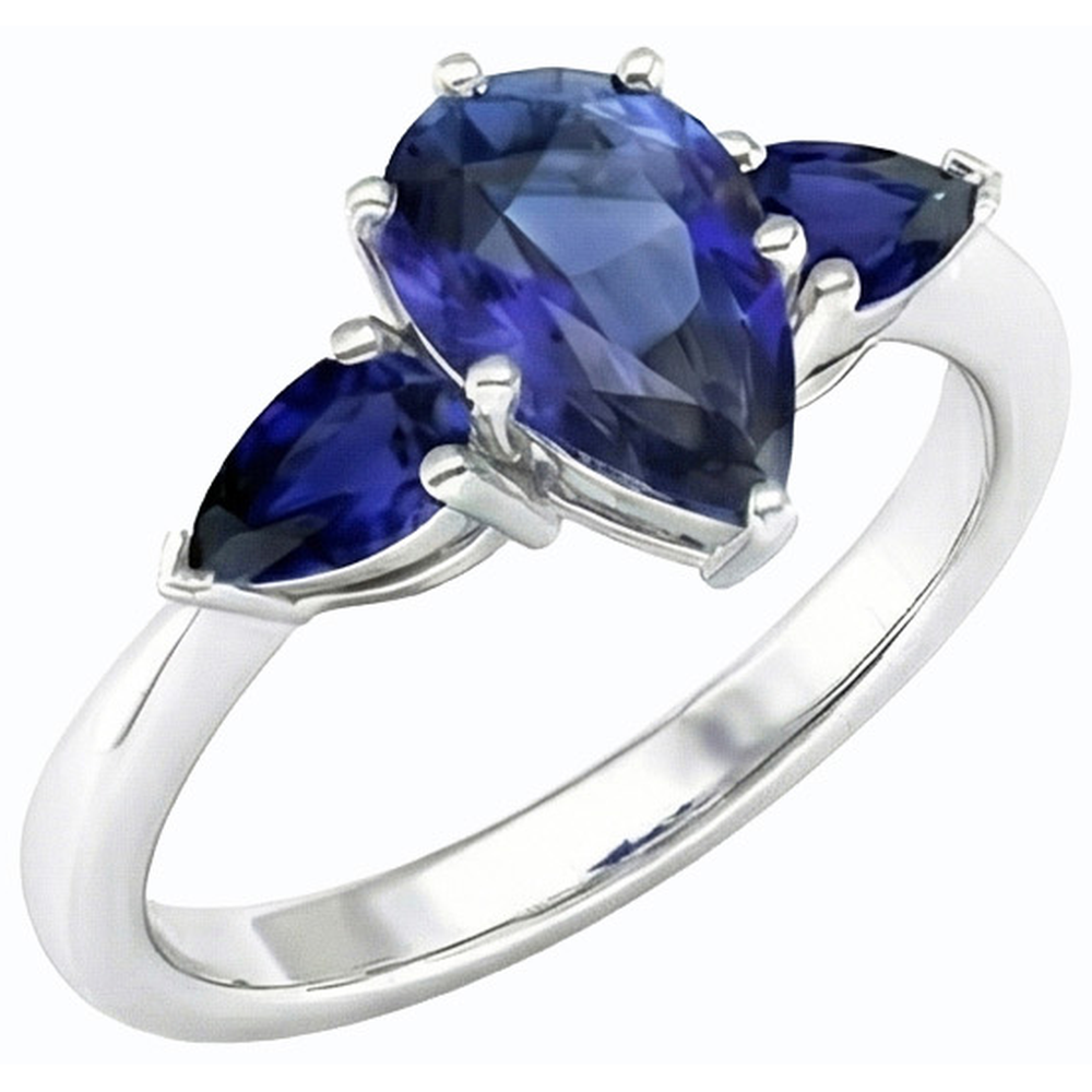 Natural Real ( Not Lab Grown )  Pear Blue Sapphire Three Stone Ring 2 Carats White Gold 14K