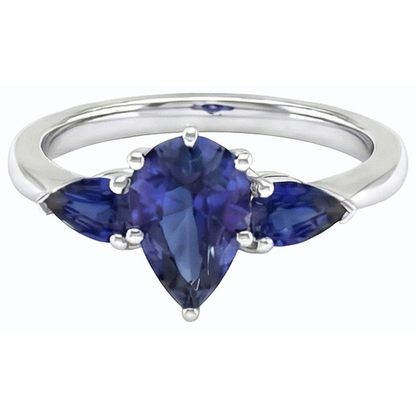 Natural Real ( Not Lab Grown )  Pear Blue Sapphire Three Stone Ring 2 Carats White Gold 14K