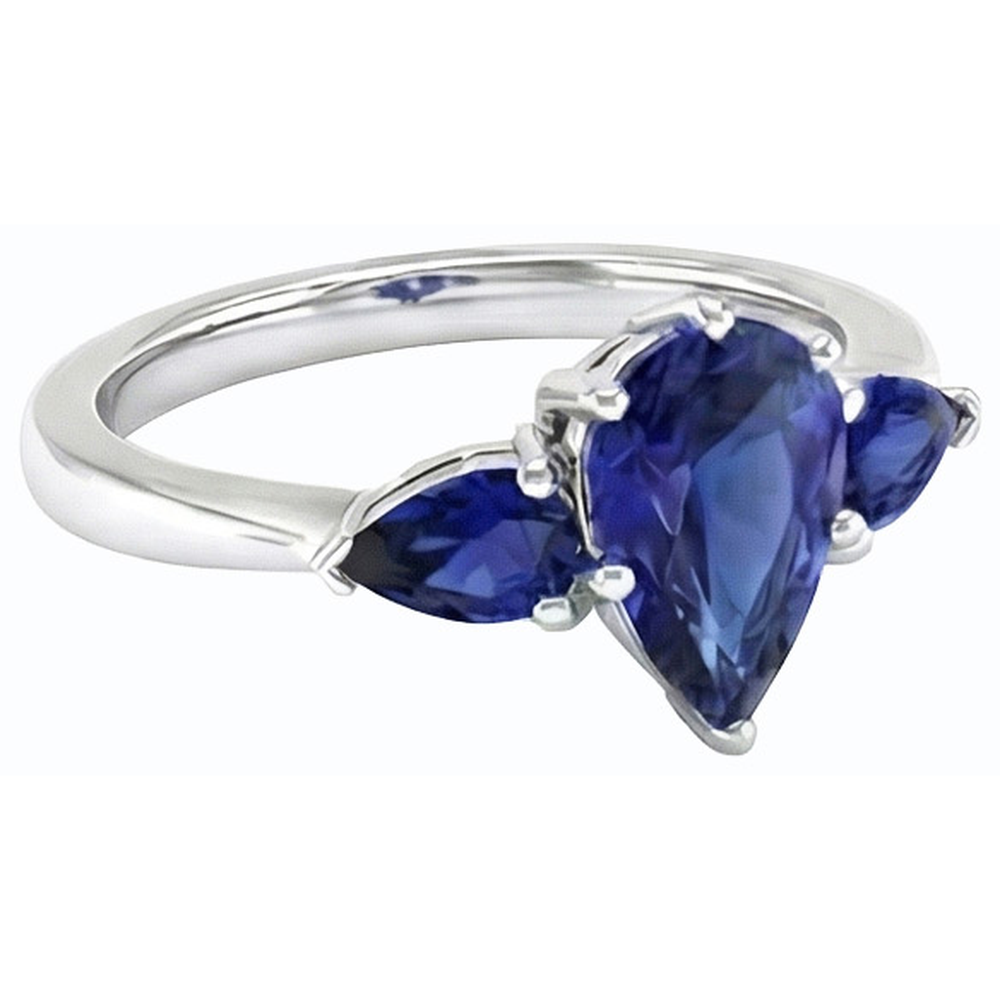 Natural Real ( Not Lab Grown )  Pear Blue Sapphire Three Stone Ring 2 Carats White Gold 14K
