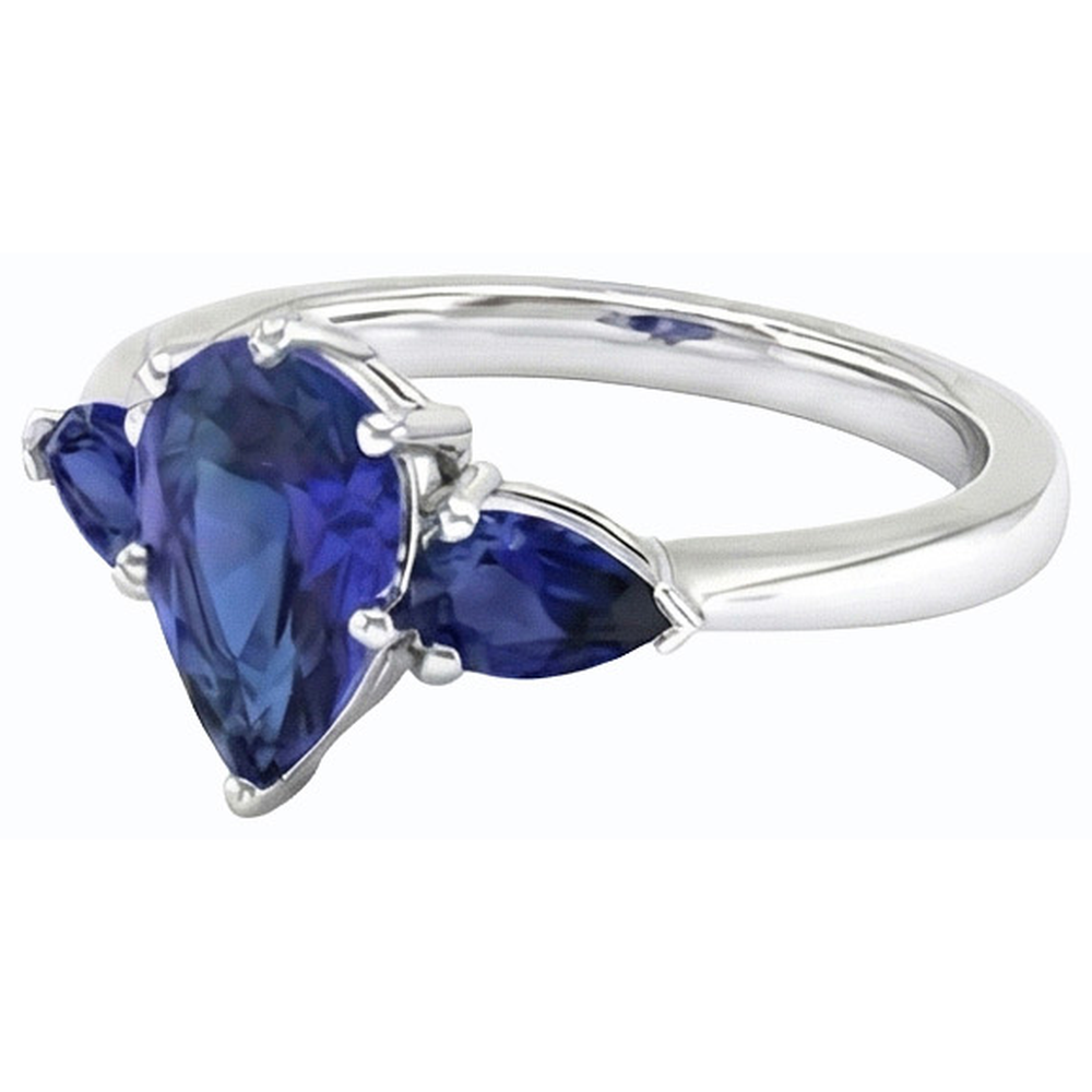 Natural Real ( Not Lab Grown )  Pear Blue Sapphire Three Stone Ring 2 Carats White Gold 14K