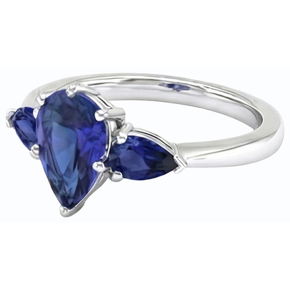 Natural Real ( Not Lab Grown )  Pear Blue Sapphire Three Stone Ring 2 Carats White Gold 14K