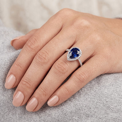 Natural Real ( Not Lab Grown )  Pear Ceylon Sapphire Diamond Ring 3.50 Carats White Gold 14K