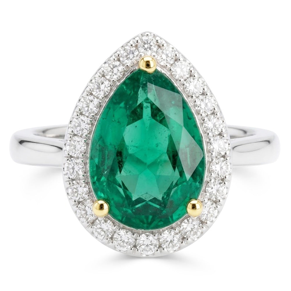 Natural Real ( Not Lab Grown )  Pear Colombian Green Emerald Halo Wedding Ring Comfort Fit Band
