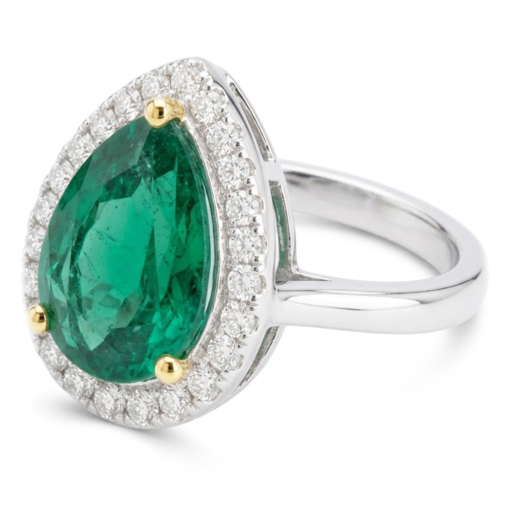 Natural Real ( Not Lab Grown )  Pear Colombian Green Emerald Halo Wedding Ring Comfort Fit Band