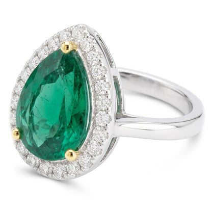 Natural Real ( Not Lab Grown )  Pear Colombian Green Emerald Halo Wedding Ring Comfort Fit Band