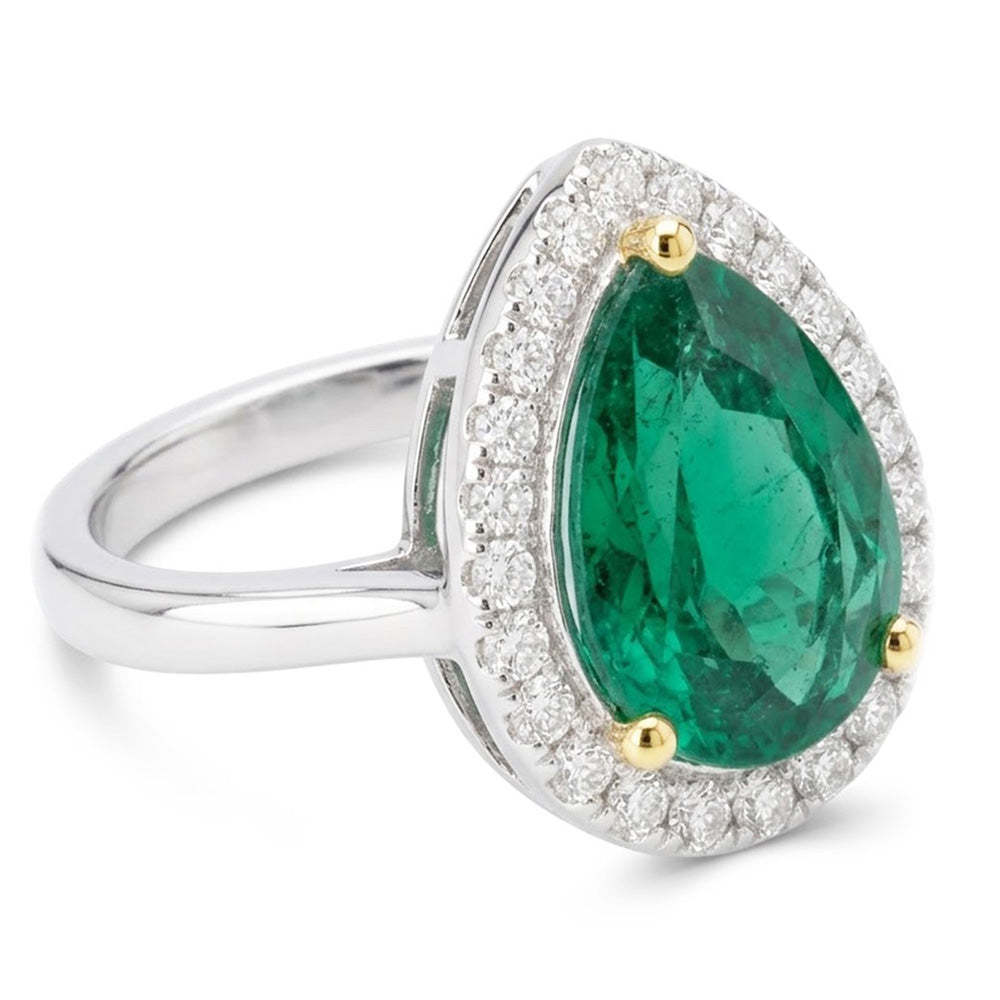 Natural Real ( Not Lab Grown )  Pear Colombian Green Emerald Halo Wedding Ring Comfort Fit Band