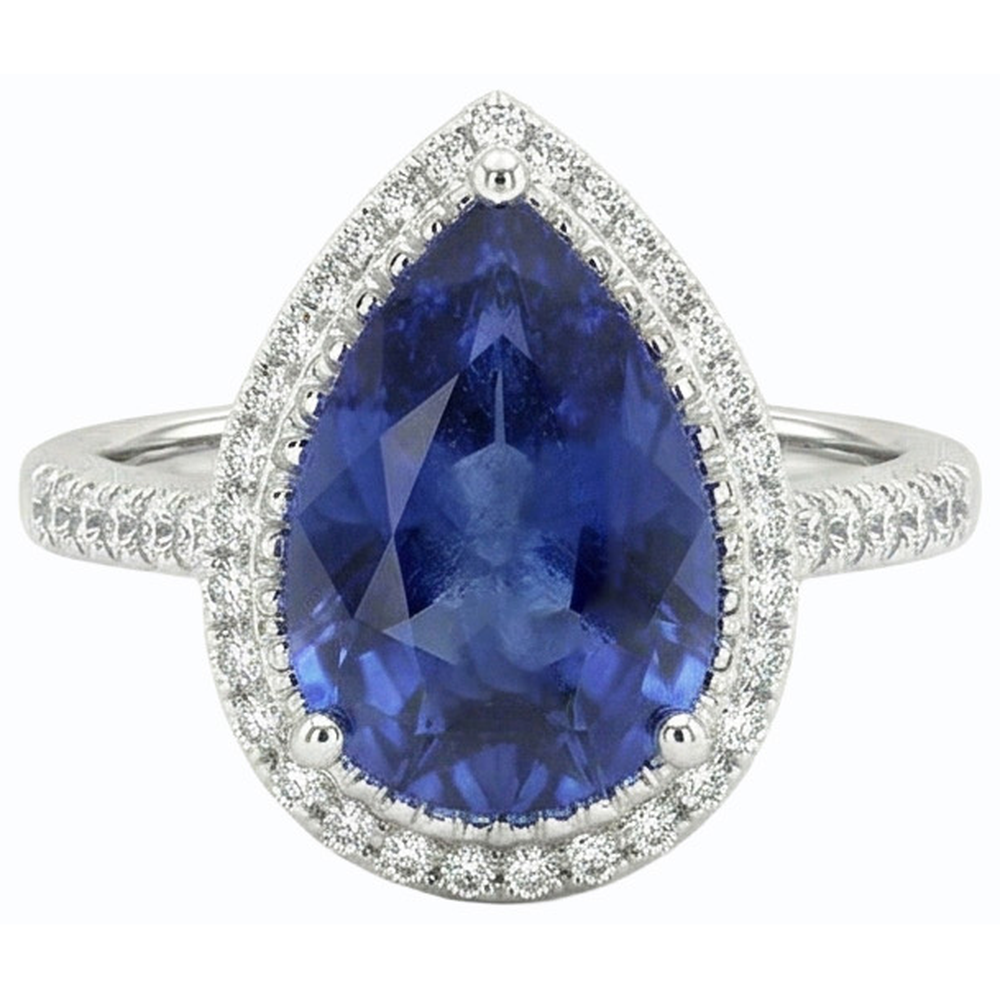 Natural Real ( Not Lab Grown )  Pear Halo Ring Ceylon Sapphire Jewelry With Accents 4 Carats Gold