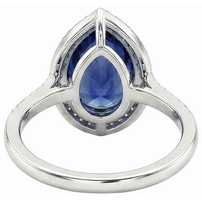 Natural Real ( Not Lab Grown )  Pear Halo Ring Ceylon Sapphire Jewelry With Accents 4 Carats Gold