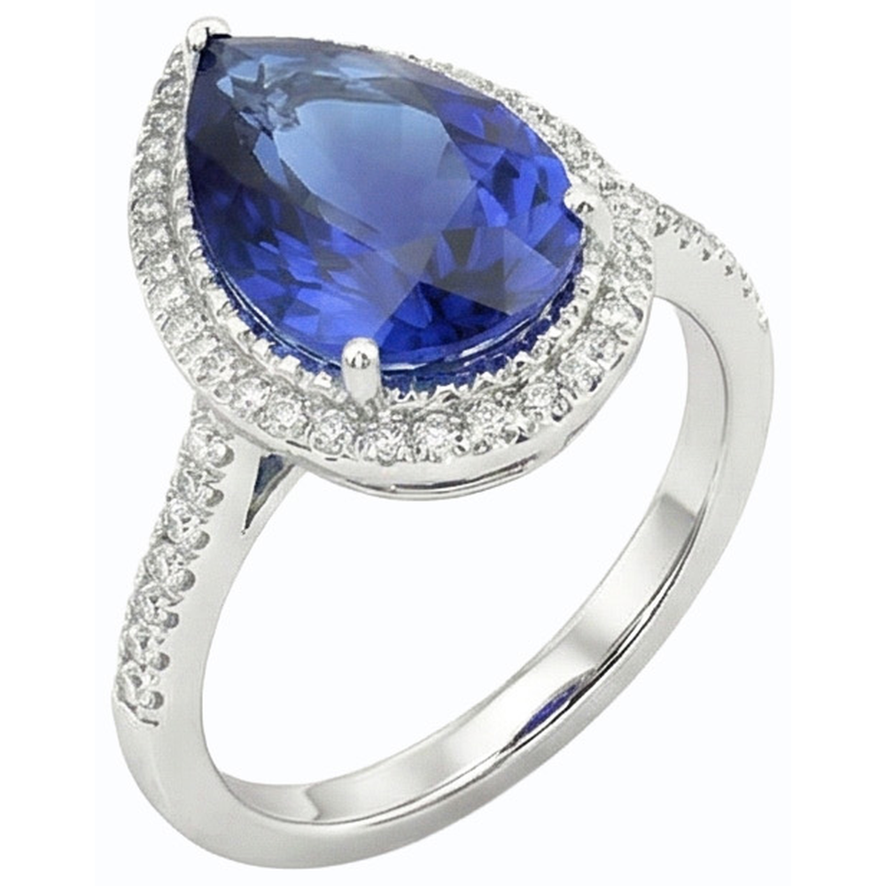 Natural Real ( Not Lab Grown )  Pear Halo Ring Ceylon Sapphire Jewelry With Accents 4 Carats Gold