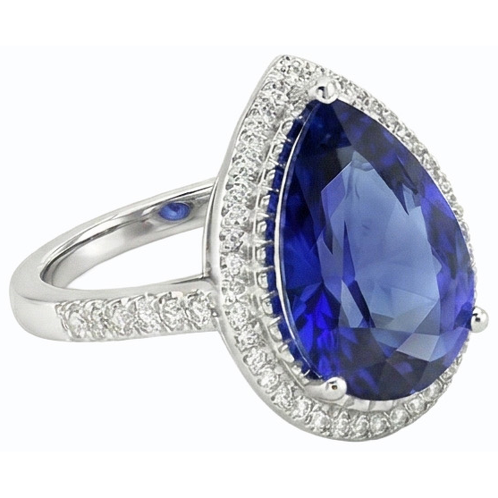 Natural Real ( Not Lab Grown )  Pear Halo Ring Ceylon Sapphire Jewelry With Accents 4 Carats Gold