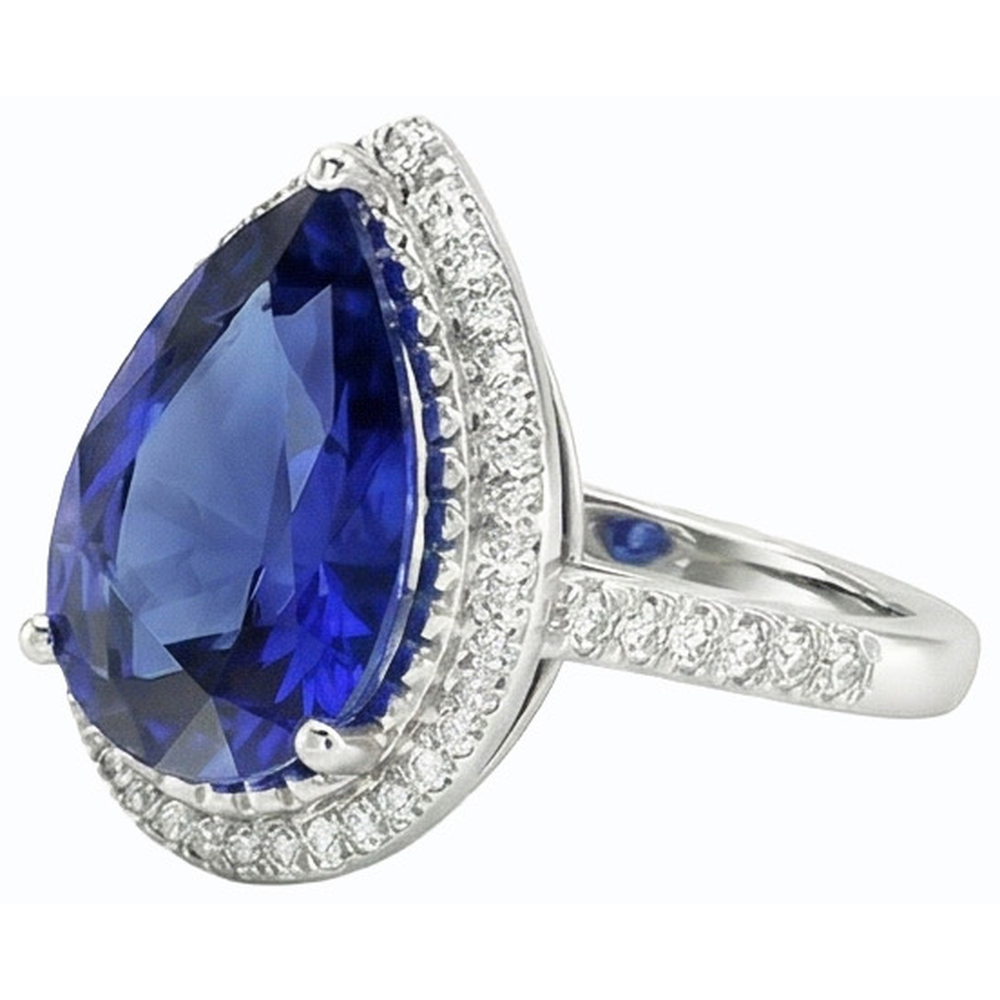 Natural Real ( Not Lab Grown )  Pear Halo Ring Ceylon Sapphire Jewelry With Accents 4 Carats Gold