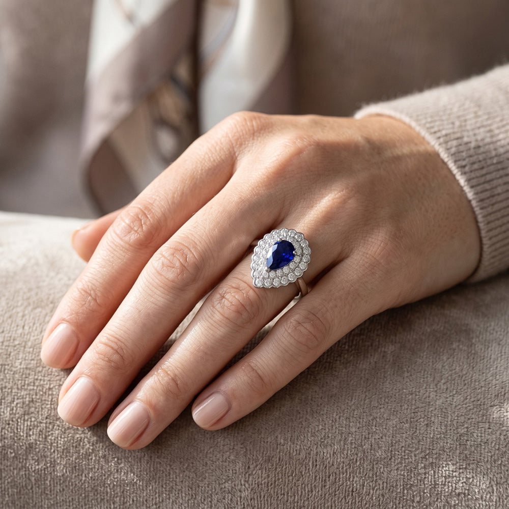 Natural Real ( Not Lab Grown )  Pear Sapphire Cluster Halo Ring