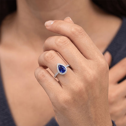 Natural Real ( Not Lab Grown )  Pear Shaped Sapphire Ring 2.50 Ct Halo Prong Set Diamonds