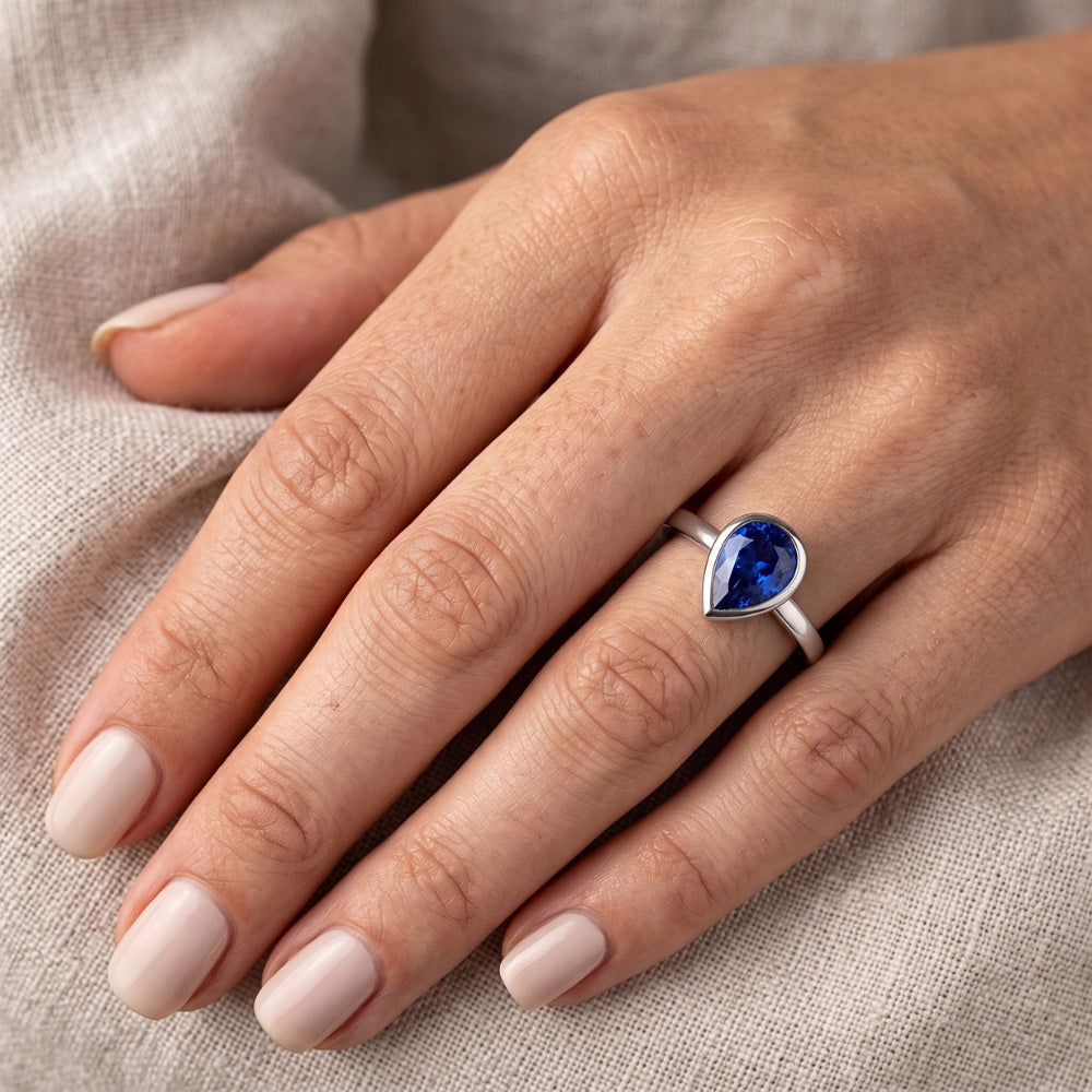 Natural Real ( Not Lab Grown )  Pear Shaped Solitaire Ring 1.50 Ct Bezel Sri Lankan Sapphire