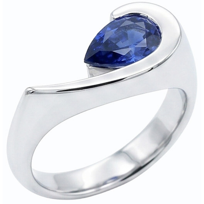 Natural Real ( Not Lab Grown )  Pear Solitaire Ring Blue Sapphire 1 Carat Half Bezel Set White Gold