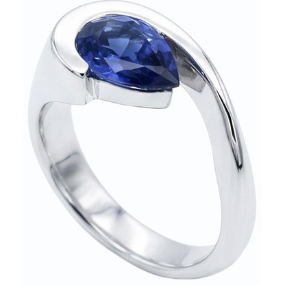 Natural Real ( Not Lab Grown )  Pear Solitaire Ring Blue Sapphire 1 Carat Half Bezel Set White Gold