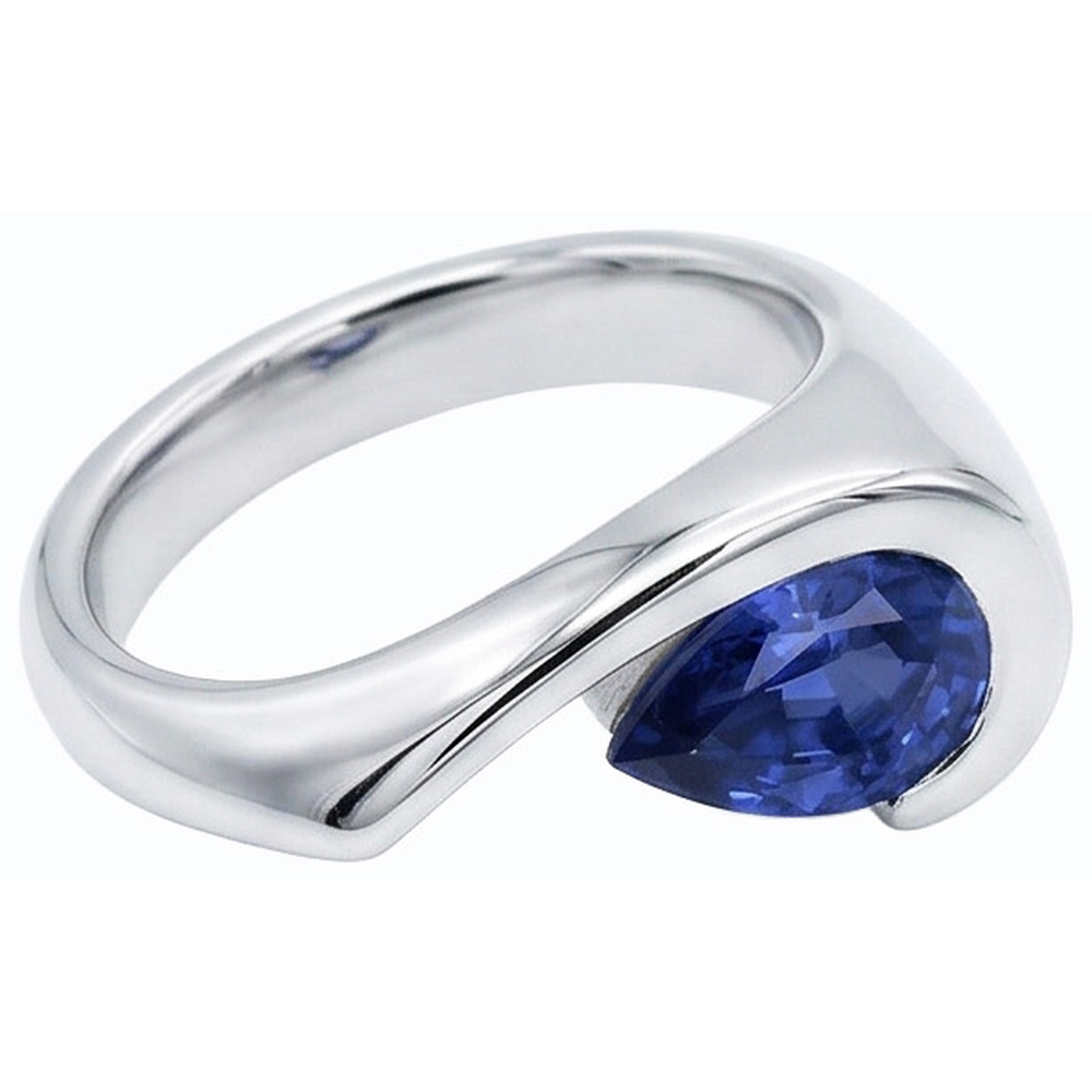 Natural Real ( Not Lab Grown )  Pear Solitaire Ring Blue Sapphire 1 Carat Half Bezel Set White Gold