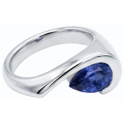 Natural Real ( Not Lab Grown )  Pear Solitaire Ring Blue Sapphire 1 Carat Half Bezel Set White Gold