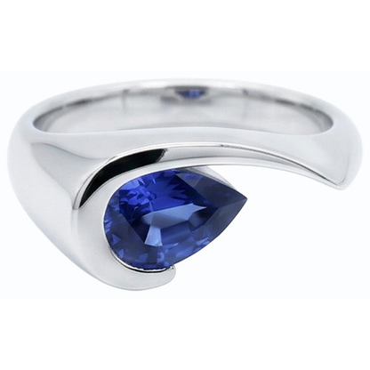 Natural Real ( Not Lab Grown )  Pear Solitaire Ring Blue Sapphire 1 Carat Half Bezel Set White Gold