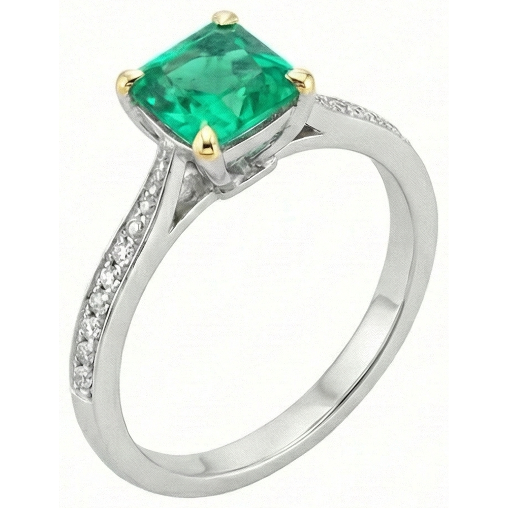 Natural Real ( Not Lab Grown ) Princess Cut Green Emerald GIA Ring Round Diamonds