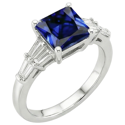Natural Real ( Not Lab Grown )  Princess Cut Sapphire Ring With Tapered Baguettes 4.50 Carats Gold 14K