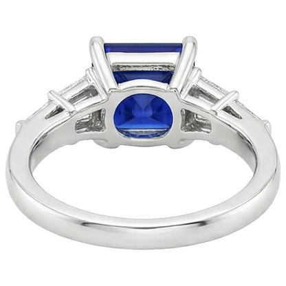 Natural Real ( Not Lab Grown )  Princess Cut Sapphire Ring With Tapered Baguettes 4.50 Carats Gold 14K