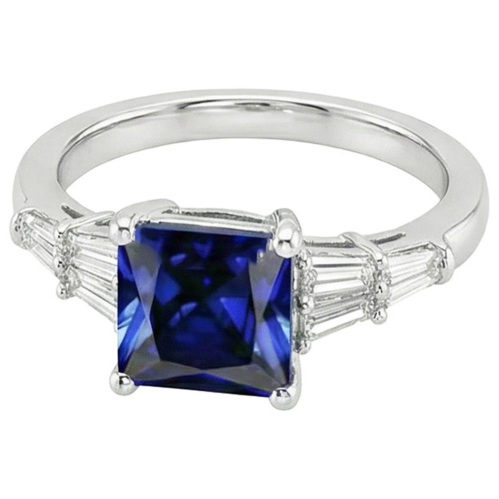 Natural Real ( Not Lab Grown )  Princess Cut Sapphire Ring With Tapered Baguettes 4.50 Carats Gold 14K