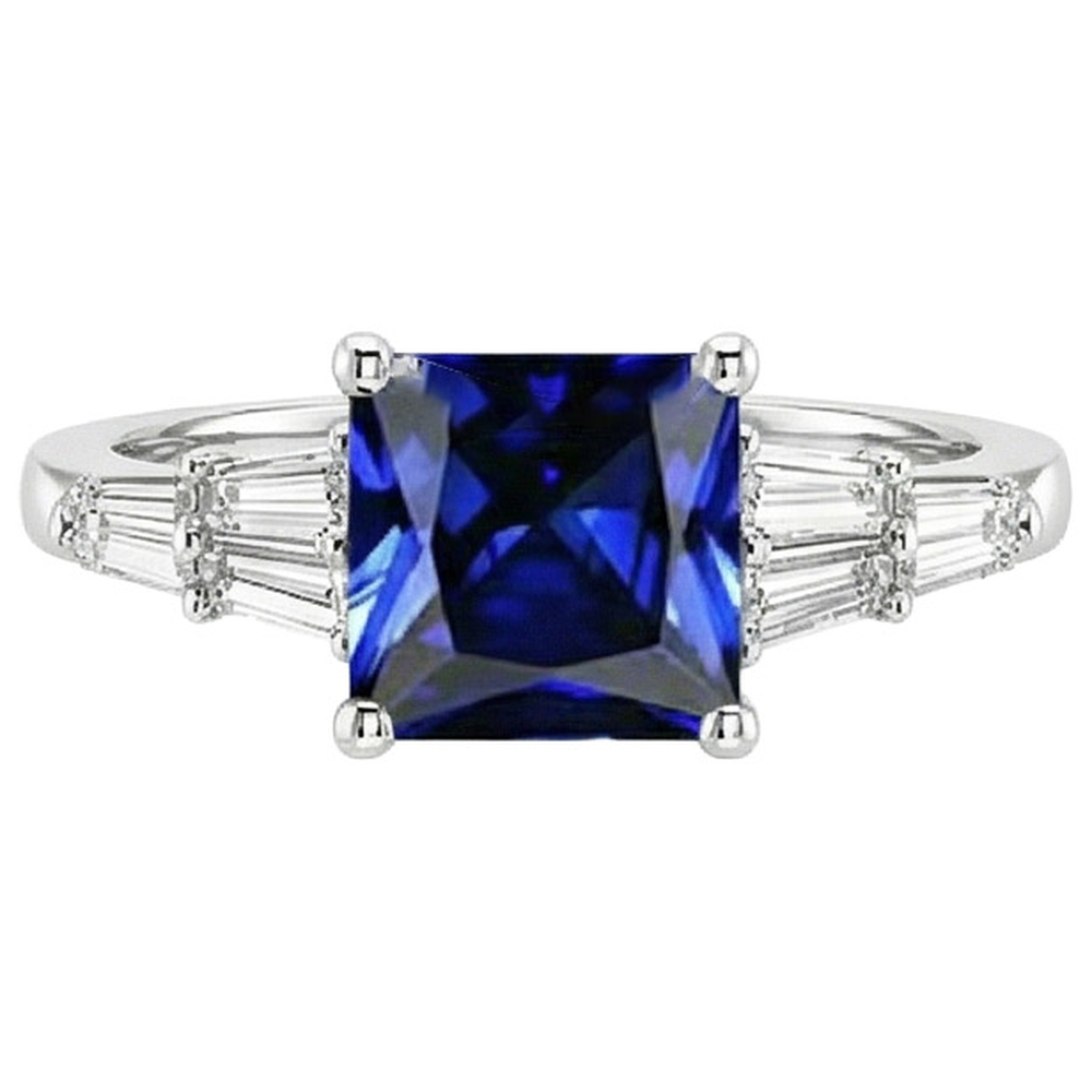 Natural Real ( Not Lab Grown )  Princess Cut Sapphire Ring With Tapered Baguettes 4.50 Carats Gold 14K