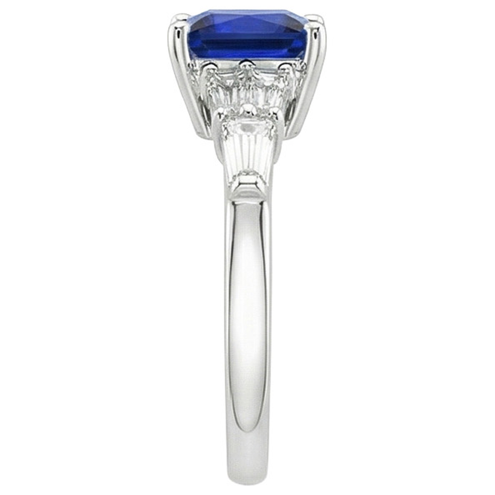 Natural Real ( Not Lab Grown )  Princess Cut Sapphire Ring With Tapered Baguettes 4.50 Carats Gold 14K